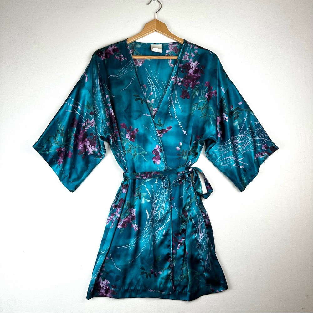 Katherine‎ Bishop Floral Satin Wrap Dressing Robe Vintage